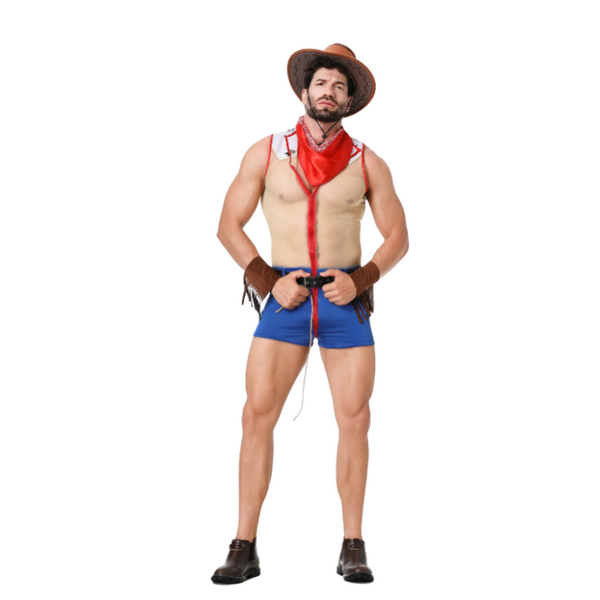 Front-view model wearing a shirtless cowboy costume with hat, red scarf, blue shorts, and cuffs