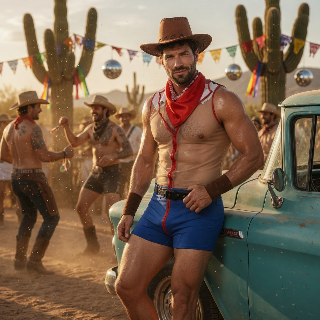 Bearded person in a cowboy hat and red-trimmed blue shorts leans against a vintage truck