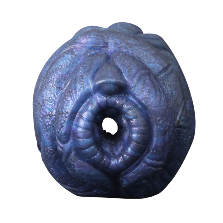 Front view of a dark blue-purple textured oral masturbator with a ribbed opening
