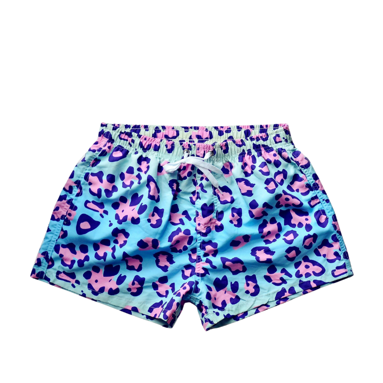 Flat-lay aqua lounge shorts with pink and purple leopard spots and a white drawstring
