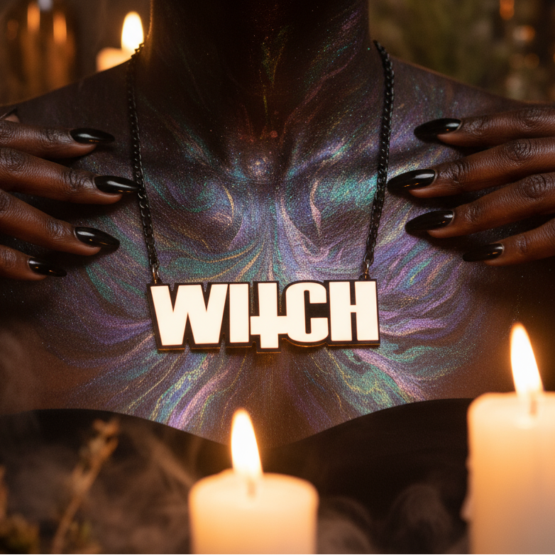 Close-up of hands holding the Witch Acrylic Statement Chain Necklace with an inverted cross T