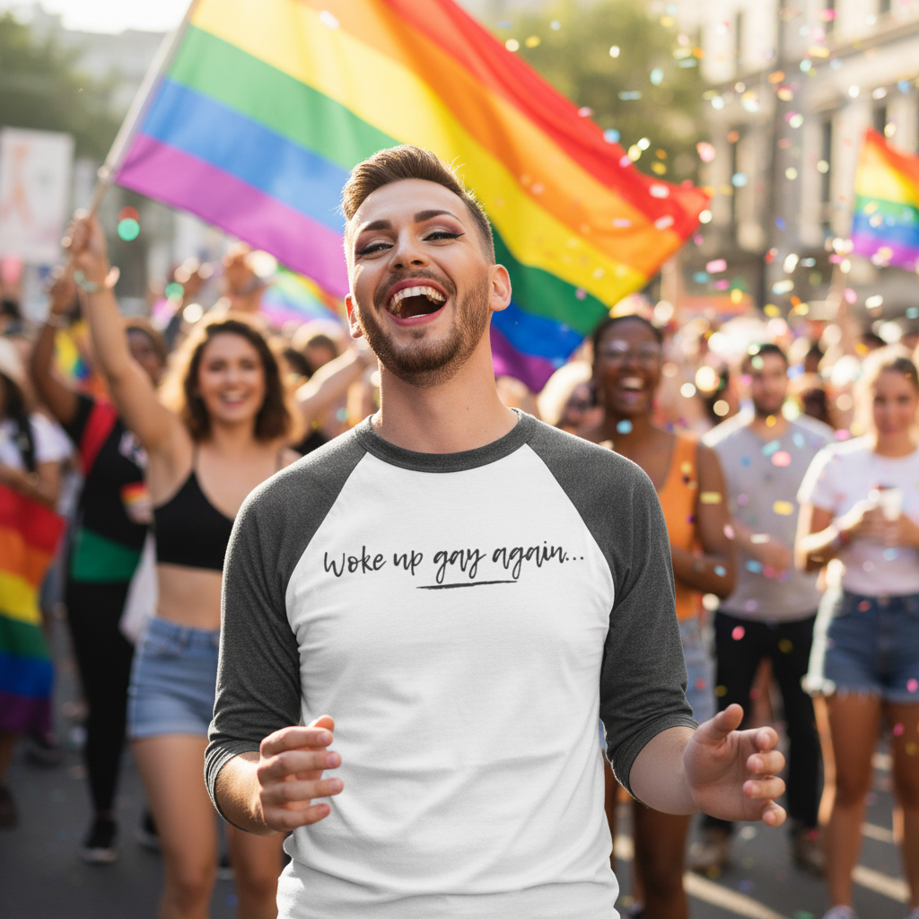 Smiling person wears a white-and-gray raglan shirt reading “Woke up gay again...” at a Pride parade.