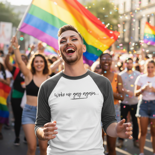 Smiling person wears a white-and-gray raglan shirt reading “Woke up gay again...” at a Pride parade.