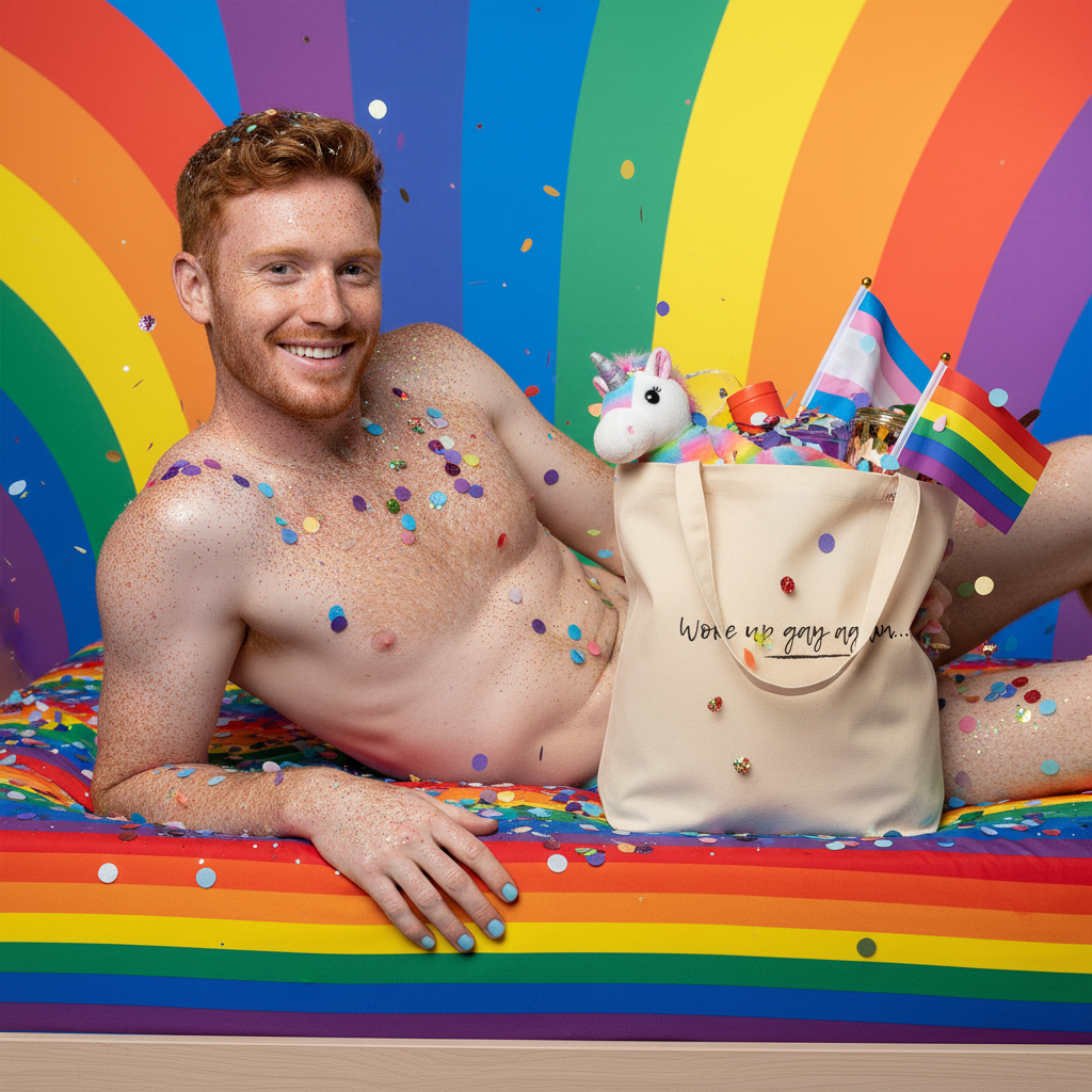 Woke Up Gay Again Eco Tote Bag packed with pride flags, unicorn plushie, and rainbow gear on a glittery