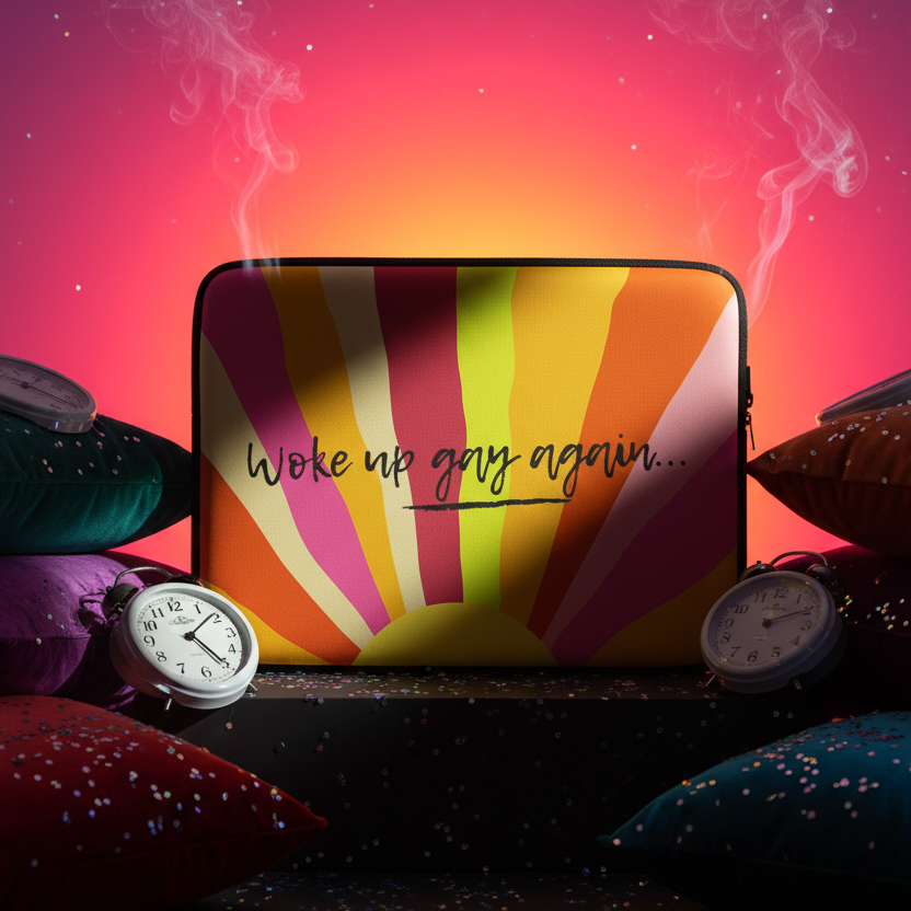 Laptop sleeve with a vibrant retro sunburst and “Woke up gay again…” slogan, on glittery surface, plush pillows