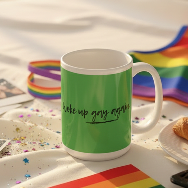 Green mug reading “Woke up gay again” beside a rainbow flag and confetti