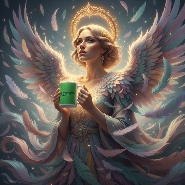Winged angelic person holds a green mug reading “Woke Up Gay Again”