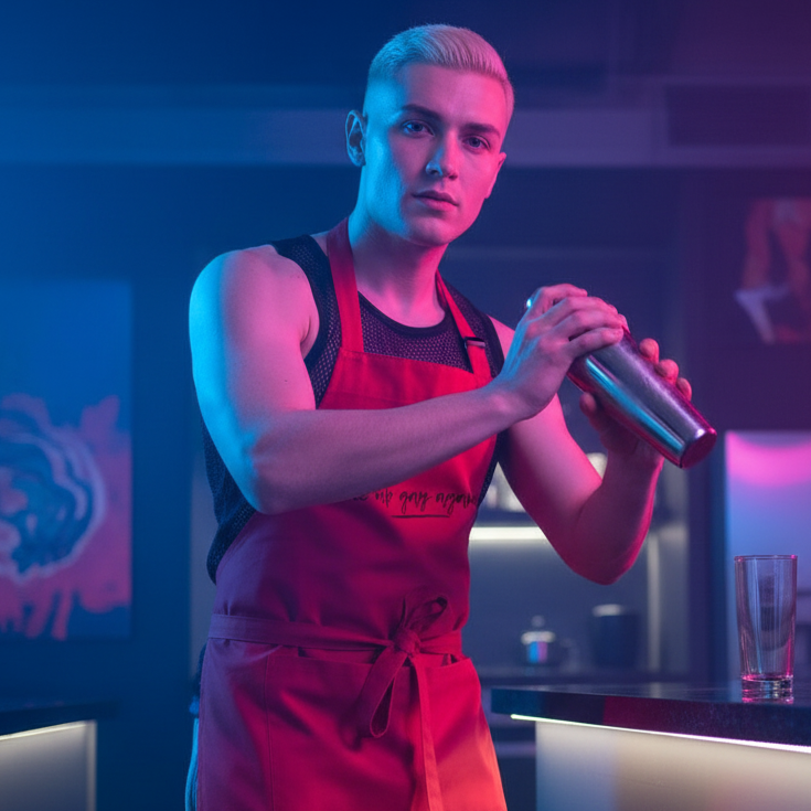 Person in a red apron shakes a cocktail shaker behind a bar; faint chest text is visible