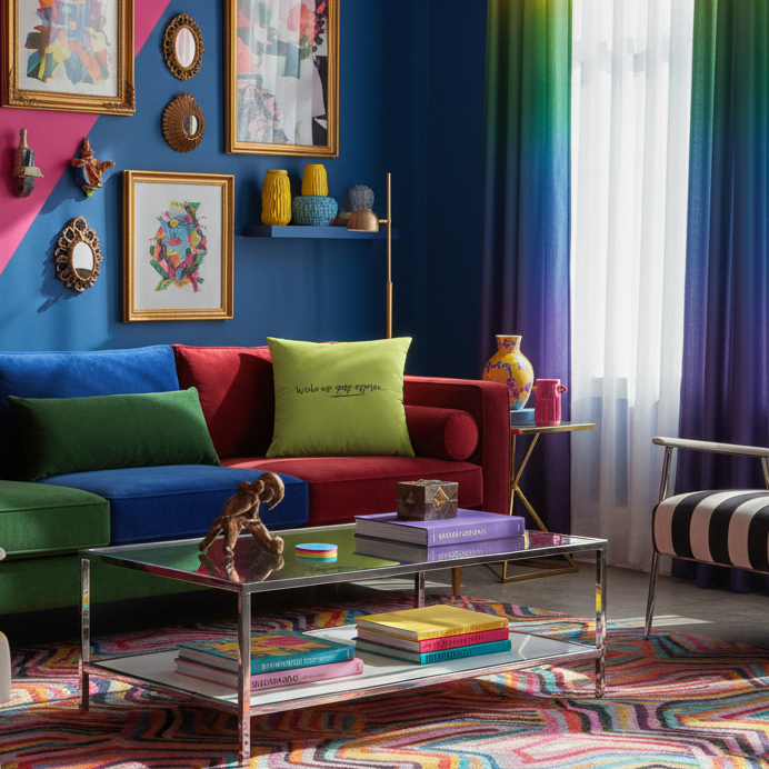 Colorful living room with red, blue, and green sofa, rainbow curtains, striped armchair, glass table