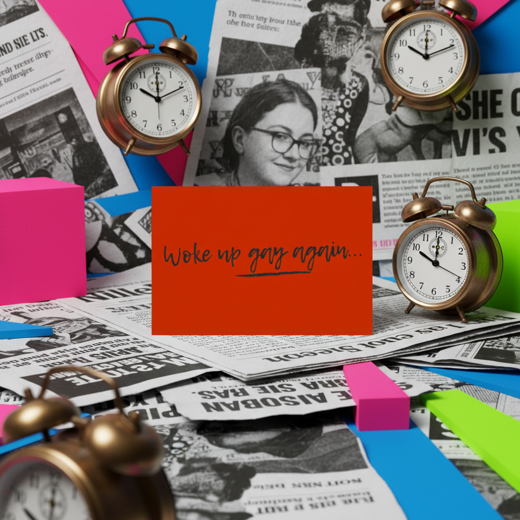 Woke Up Gay Again postcard—a bold red card with handwritten script—vibes among newspapers, rainbow blocks