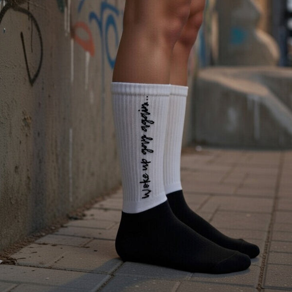 Woke Up Gay Again white crew socks with black cursive 