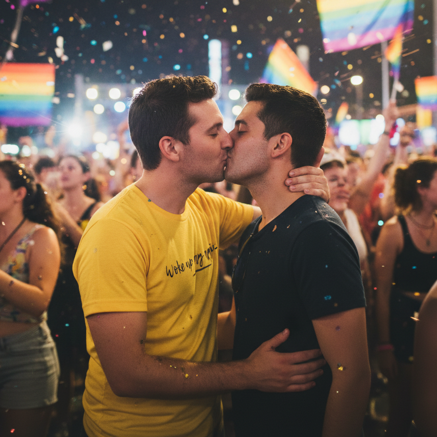 Woke Up Gay Again T-shirts worn by two people kissing at pride night, rainbow flags, confetti