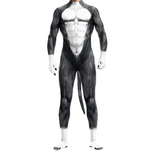 Front-view model wearing a black-and-white furry wolf bodysuit with tail and clawed feet