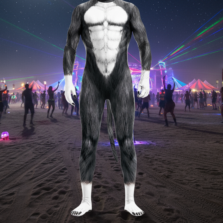 Front-facing person in a black-and-white wolf bodysuit with claws and a hanging tail at a lit festival