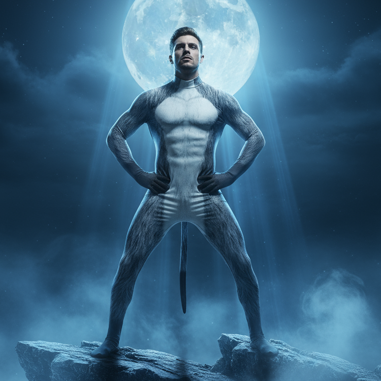 Front-facing person in a gray, fur-textured wolf bodysuit with a long tail under a full moon