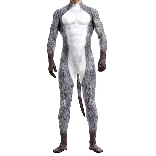 Front-facing model wearing a gray-and-white furry animal bodysuit with gloves, feet, and tail