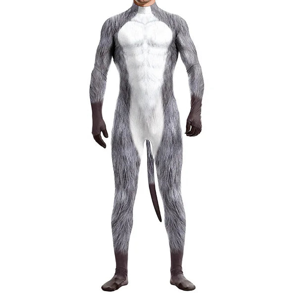 Front-facing model wearing a gray-and-white furry animal bodysuit with gloves, feet, and tail