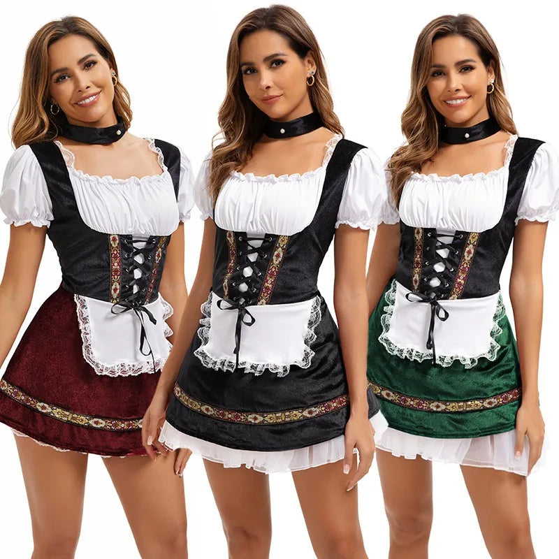 Three people model the Woman Oktoberfest Bavarian Dirndl Costume, featuring a white puff-sleeve blouse, lace-up bodice