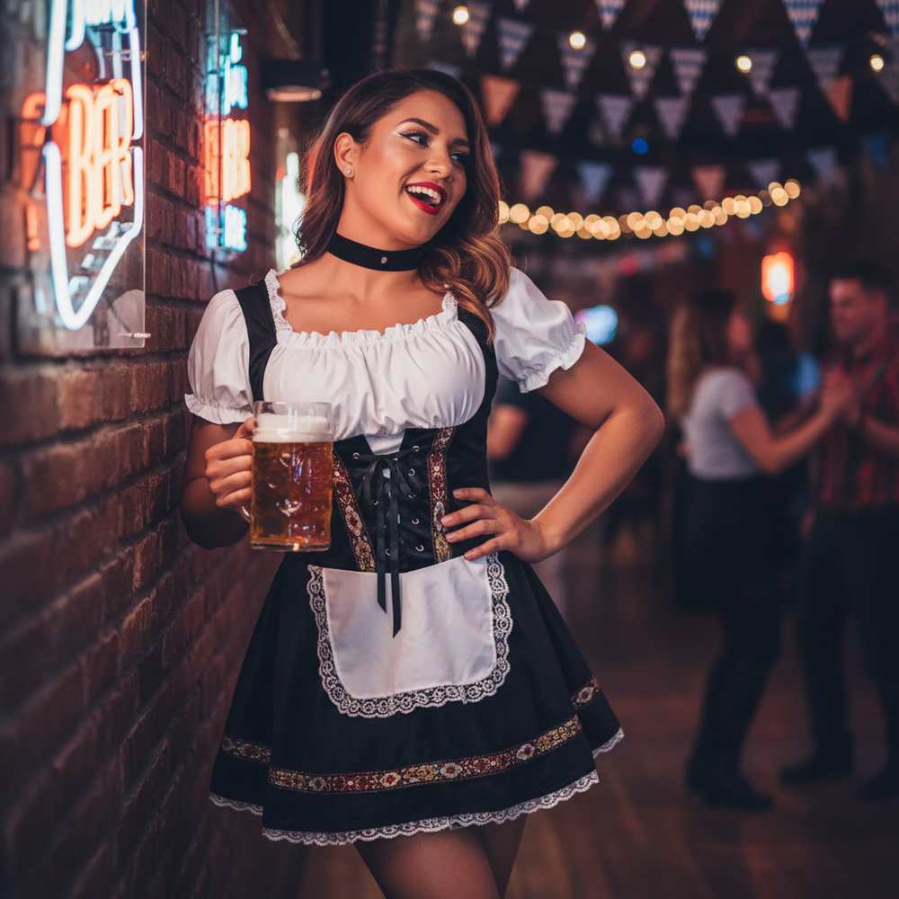 Bavarian dirndl costume on a person, smiling with a beer mug near neon-lit brick wall