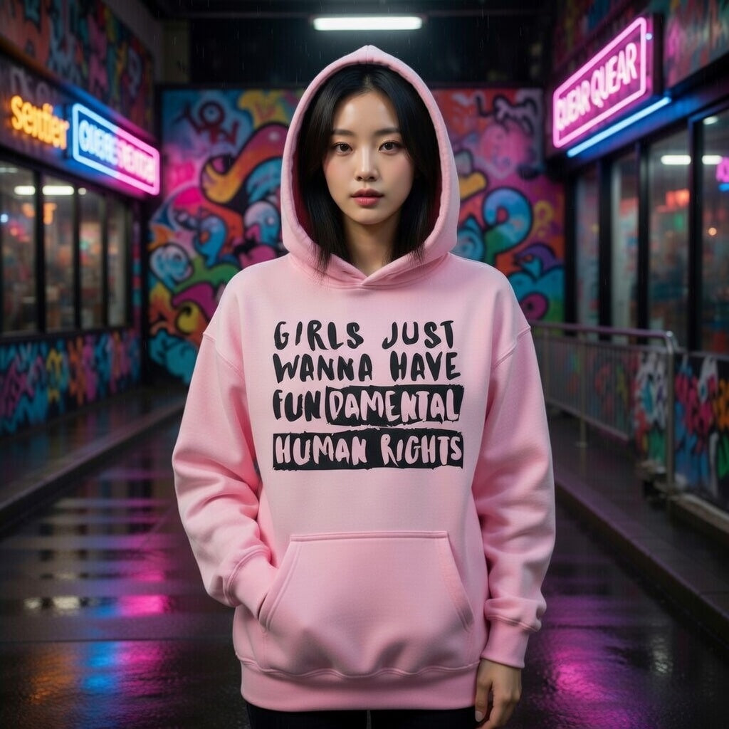 Unisex hoodie with “Girls Just Wanna Have Fundamental Human Rights” slogan, worn in a neon-lit graffiti alley, queer femme vibe.