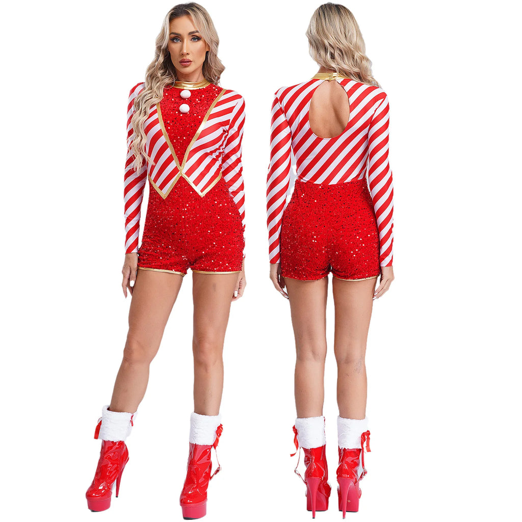 Front and back views of a red sequined candy-cane jumpsuit with striped sleeves
