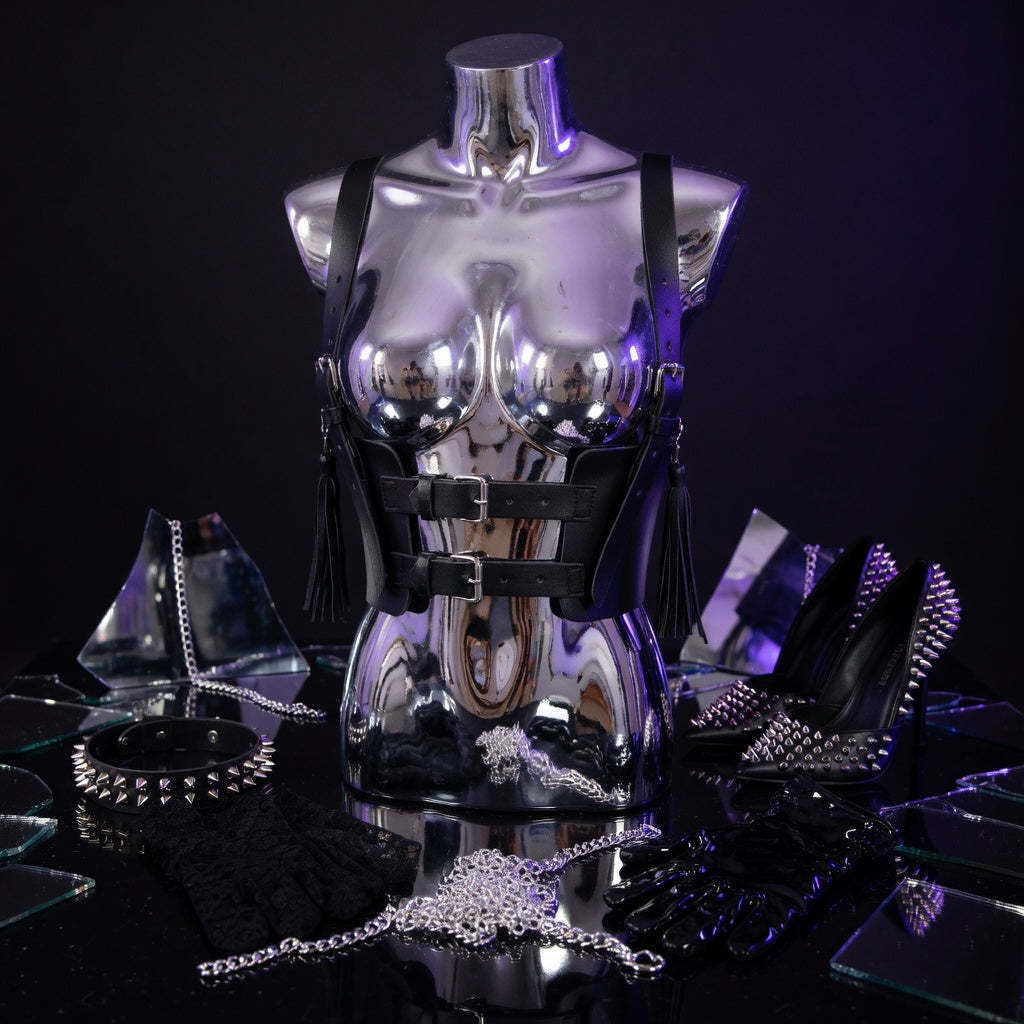 Shiny metallic mannequin models a women's Gothic black PU leather harness with tassels, buckles; studded heels, choker