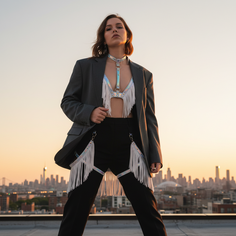 Model on a rooftop wearing a fringed harness top and matching garter panels over black clothing