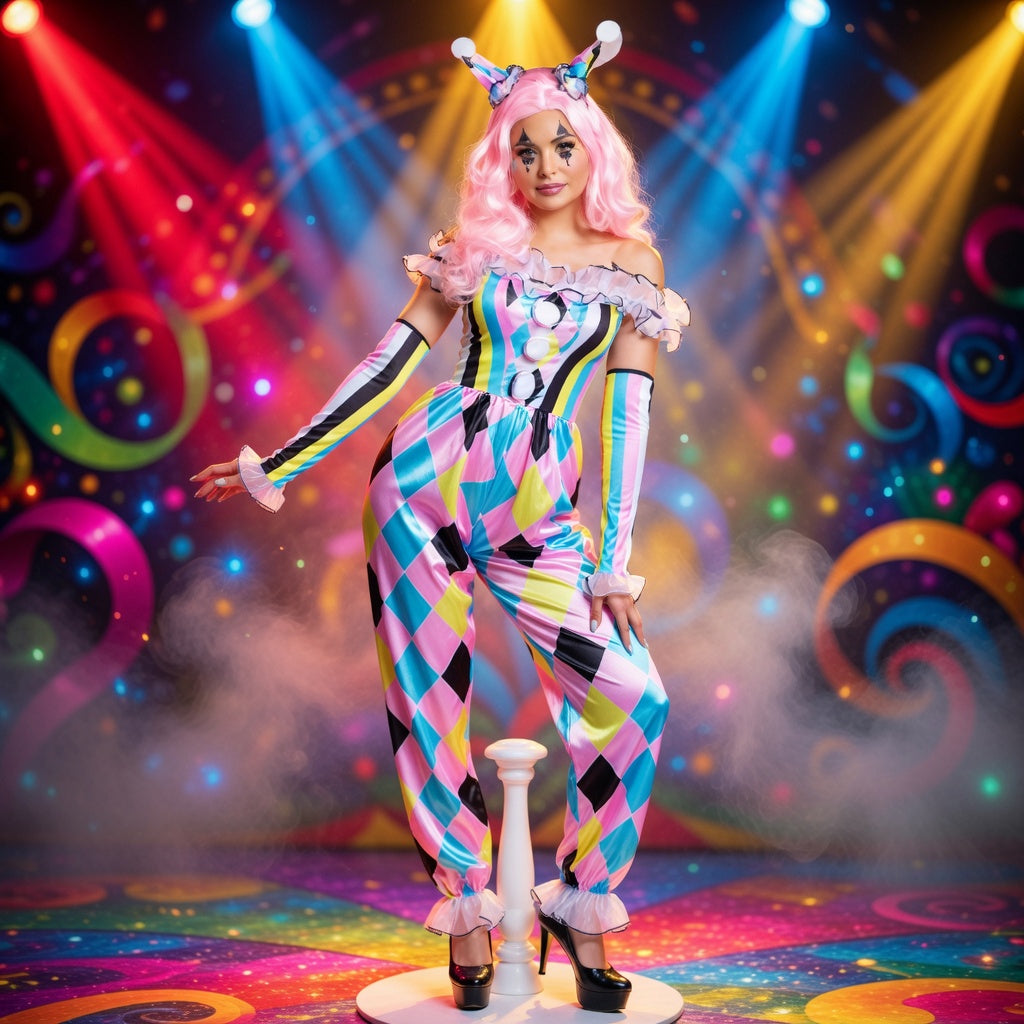 Women's Harlequin Circus Clown Costume with pastel stripes, ruffled collar, gloves, pink wig, horn headband
