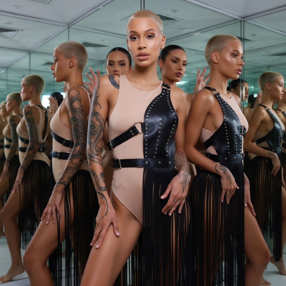 Model wearing a black studded leather harness over a nude bodysuit, with fringe below