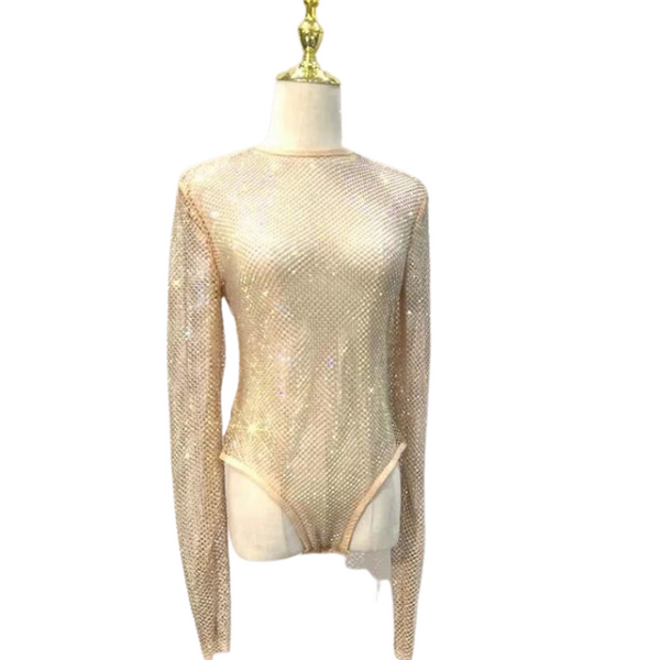 Front view of a nude-toned rhinestone fishnet long-sleeve bodysuit on a mannequin