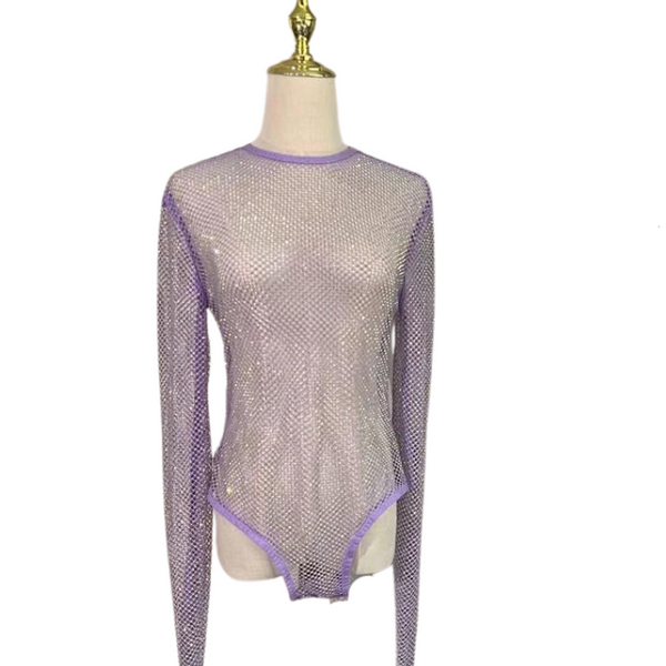 Front view of a sheer purple rhinestone fishnet bodysuit on a mannequin