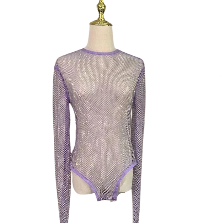 Front view of a sheer purple rhinestone fishnet bodysuit on a mannequin