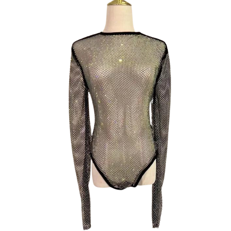 Front view of a sheer black rhinestone fishnet bodysuit on a headless mannequin