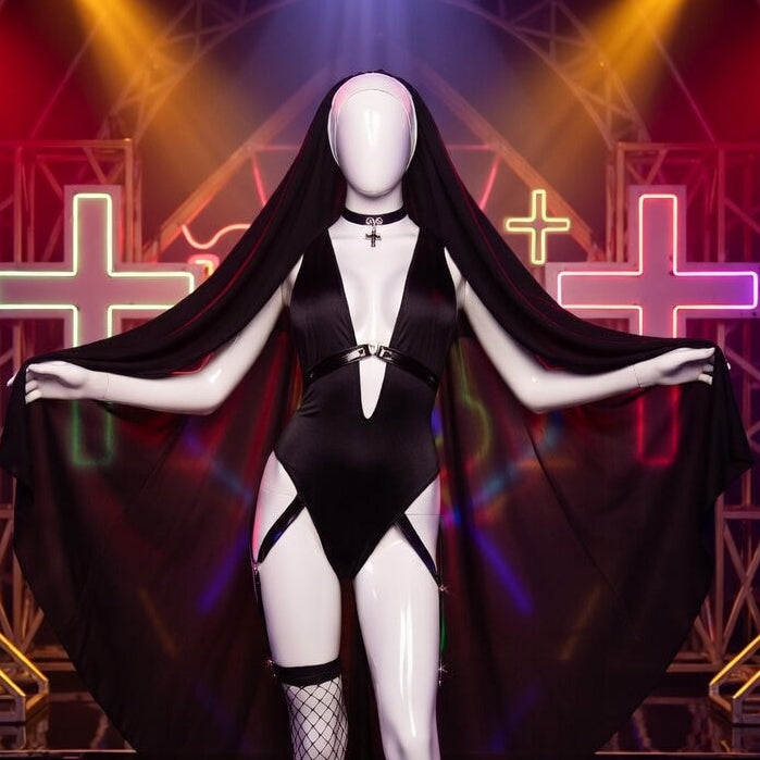 Women's Slutty Nun Outfit on faceless mannequin: black bodysuit, garter straps, fishnets, veil
