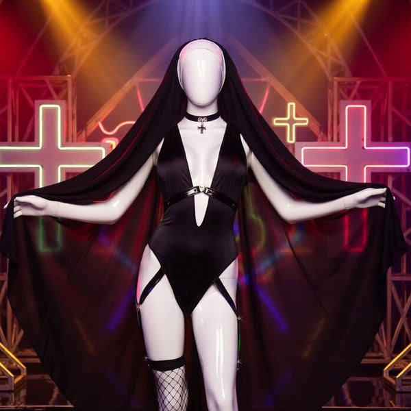 Women's Slutty Nun Outfit on faceless mannequin: black bodysuit, garter straps, fishnets, veil