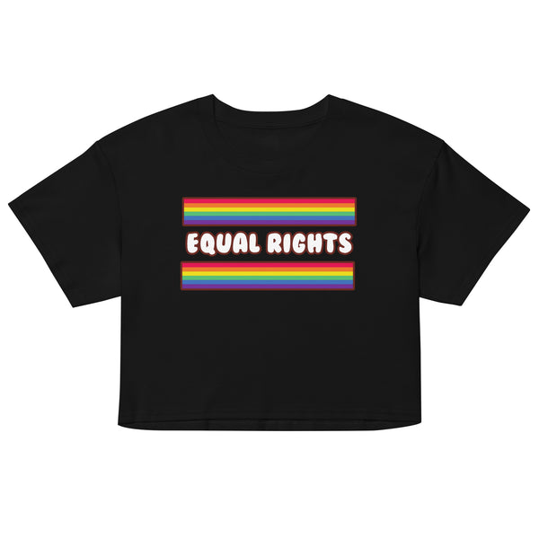 Front view of a black crop top with rainbow stripes and “EQUAL RIGHTS” lettering