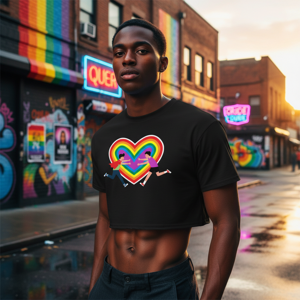 Gay Couple Crop Top with a rainbow heart and two running figures, worn by a young man near rainbow graffiti and a "QUEER" sign.