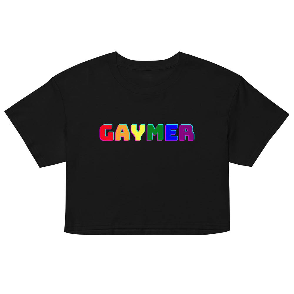 Front view of a black cropped T-shirt with colorful block lettering reading “GAYMER”