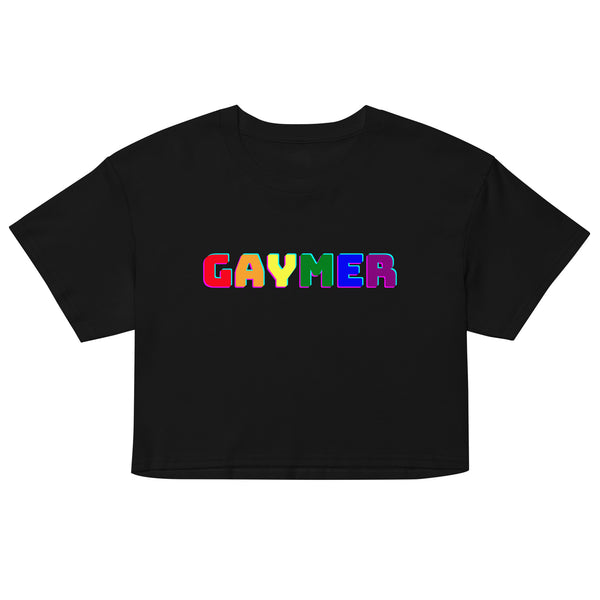 Front view of a black cropped T-shirt with colorful block lettering reading “GAYMER”