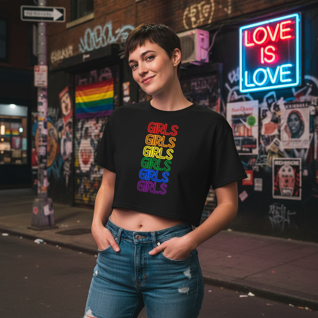 Black Girls Girls Girls Crop Top with “GIRLS” in rainbow colors, worn by a queer person by a rainbow flag and “LOVE IS LOVE” neon sign.