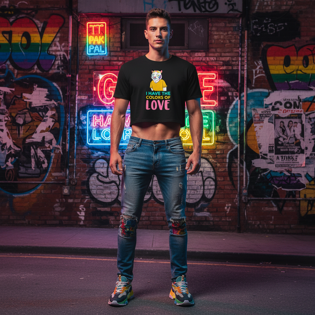 Crop top with bold text "I Have The Color Of Love" and a vibrant cat graphic, worn by a young man in relaxed jeans; neon-lit queer urban vibe.