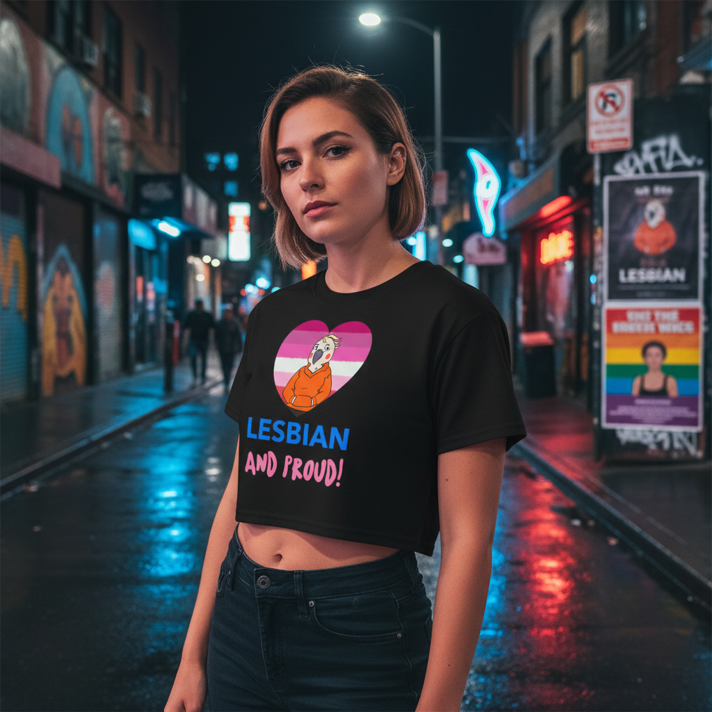 Lesbian And Proud Crop Top" worn by a queer woman with short hair on neon-lit street, pride posters and lights behind her.