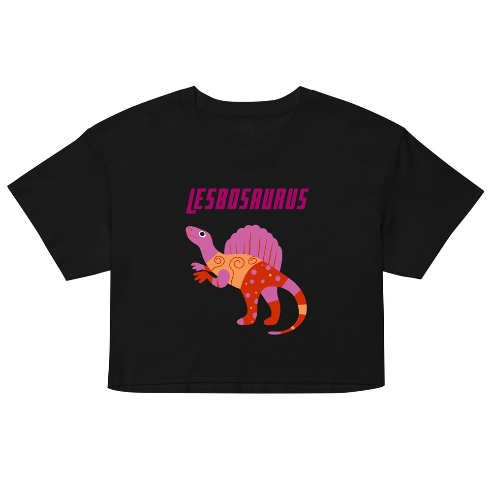 Front-facing black crop top with pink “LESBOSAURUS” text and a colorful dinosaur graphic