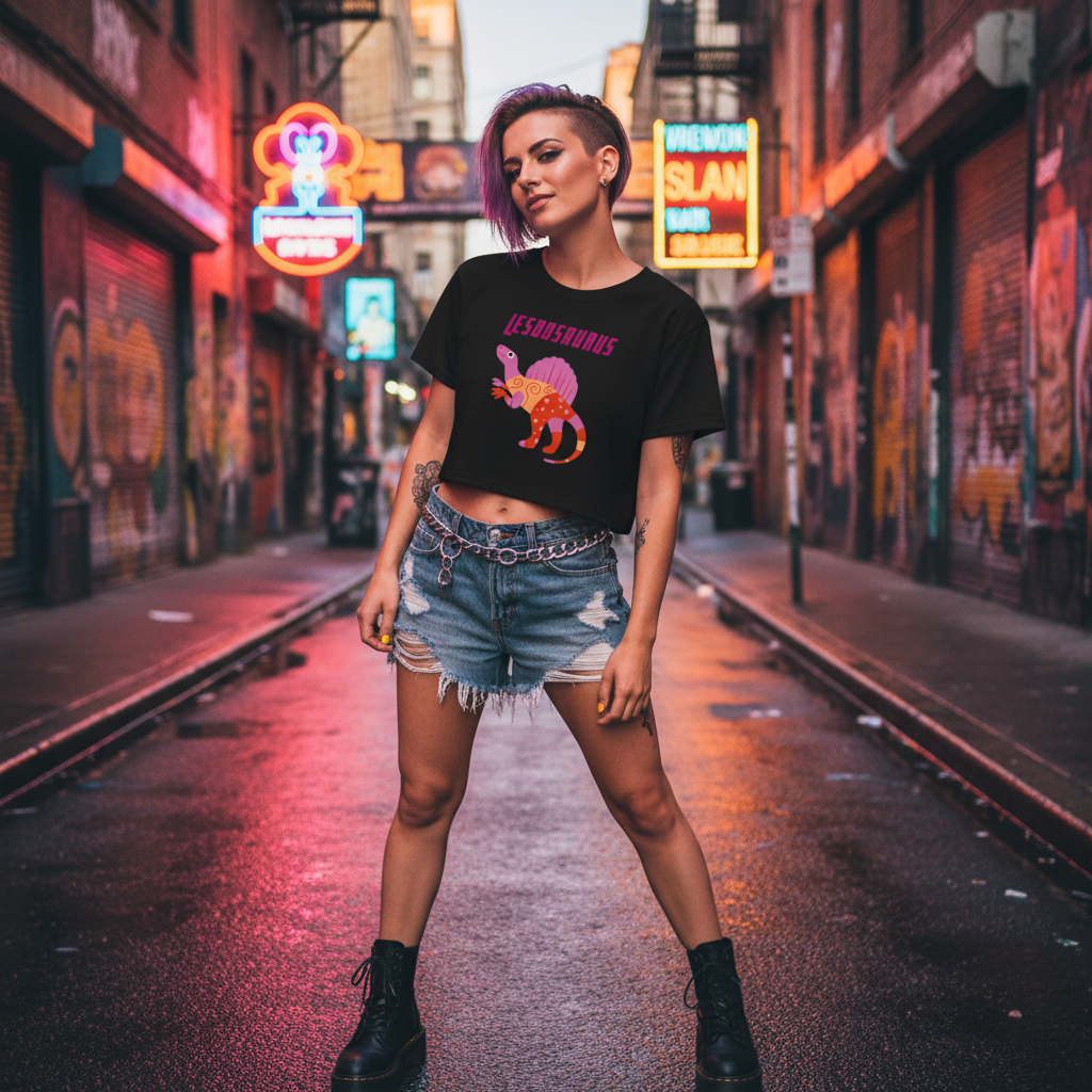 Lesbosaurus Crop Top on a proud queer femme with short purple hair, rocking ripped denim shorts and boots in a neon-lit graffiti alley.