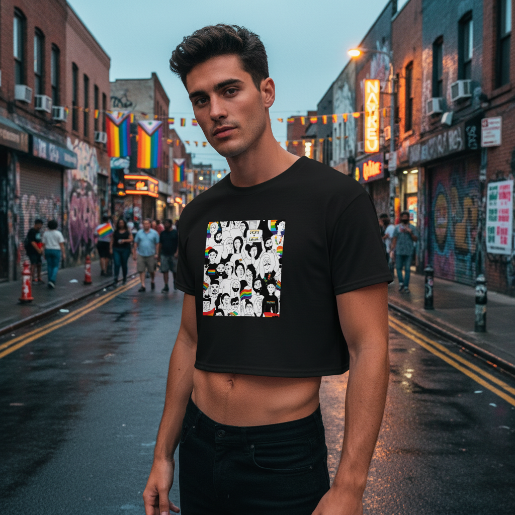 LGBT Pride crop top with bright cartoon faces design, worn by a man on a graffiti-lined street at dusk beneath rainbow pride flags.