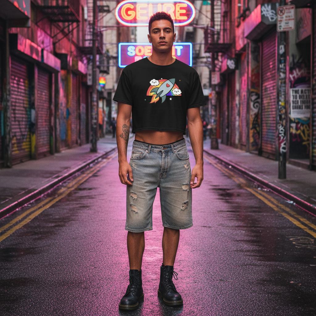 Black "Liberals For Gay Space Socialism" crop top with cartoon rocket and cloud art, worn with distressed denim shorts and black boots. Neon-lit alley, graffiti and glowing queer-coded signs in the background.