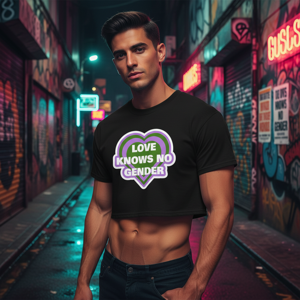 Genderqueer crop top reads "Love Knows No Gender" in bold white and purple text, worn by a guy in a neon-lit graffiti alley.