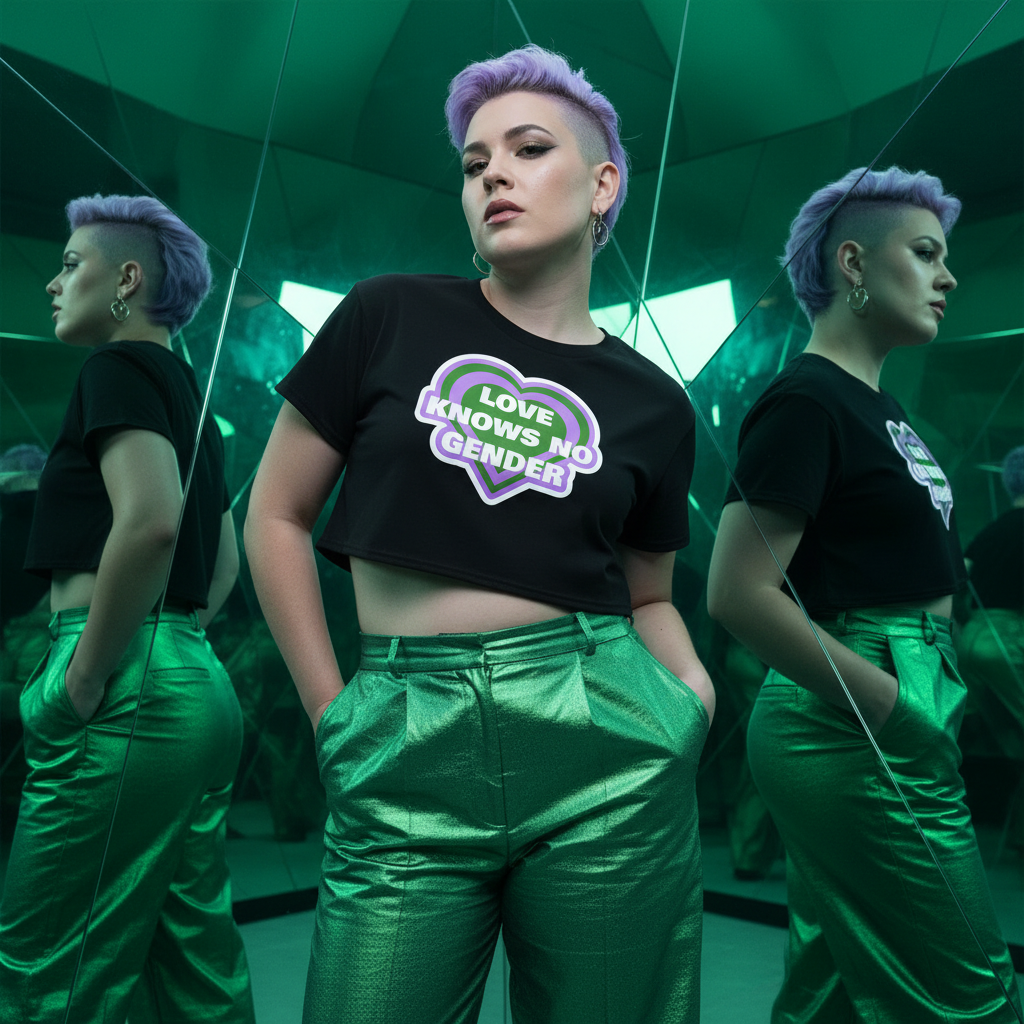Person in mirrored room wearing the Love Knows No Gender Genderqueer Crop Top, a black tee with heart graphic, metallic green pants, embodying empowerment and self-expression with lavender undercut.