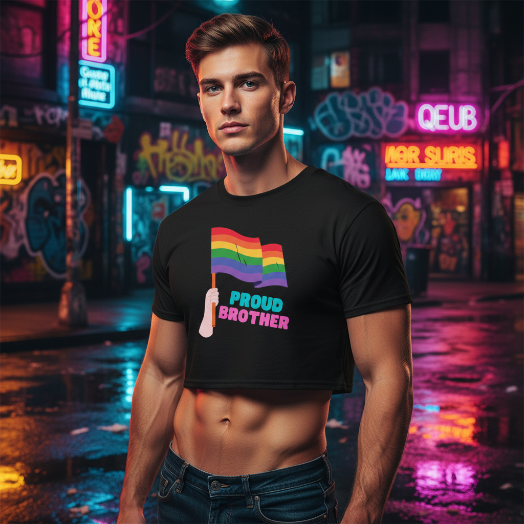 Proud Brother black crop top with rainbow pride flag and "Proud Brother" slogan, worn by a fit young man on neon-lit street.