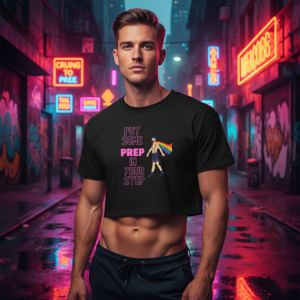 Black "Put Some Prep In Your Step Crop Top" with walking figure and rainbow flag, worn by a young queer man in neon-lit alley.